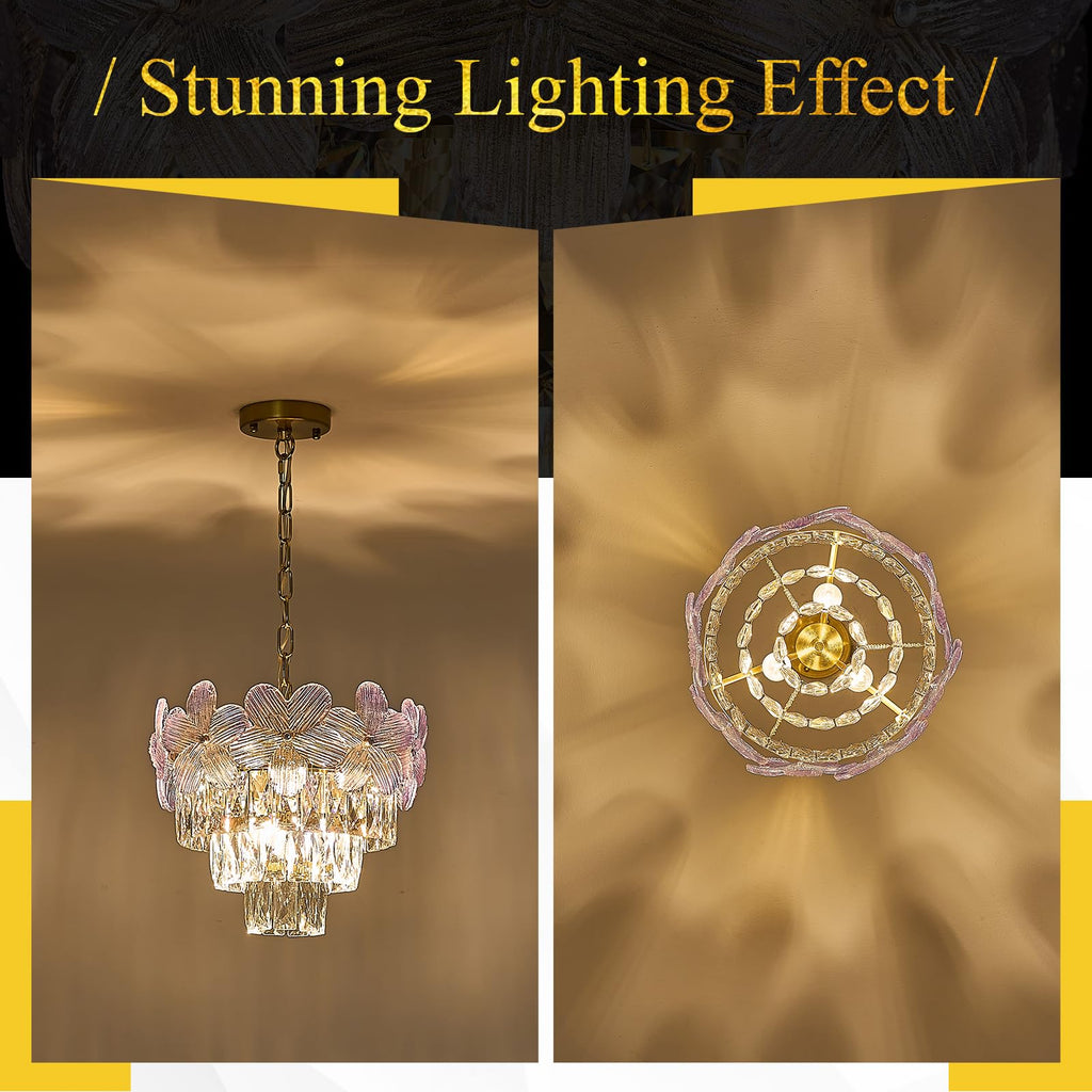 14" 3-Light Purple Flower Crystal Chandelier Gold Light Fixture