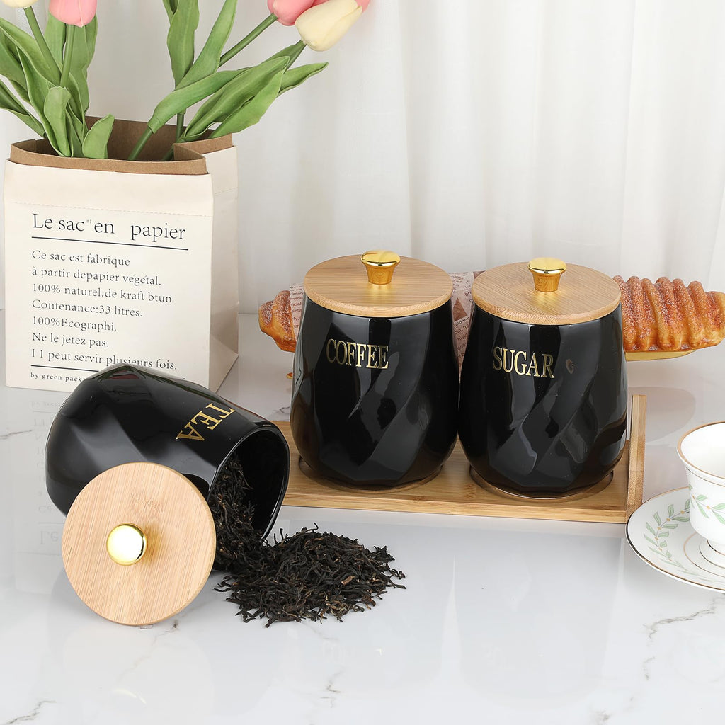 Set of 3 Ceramic Coffee Sugar Tea Canister Set with Lid and Tray