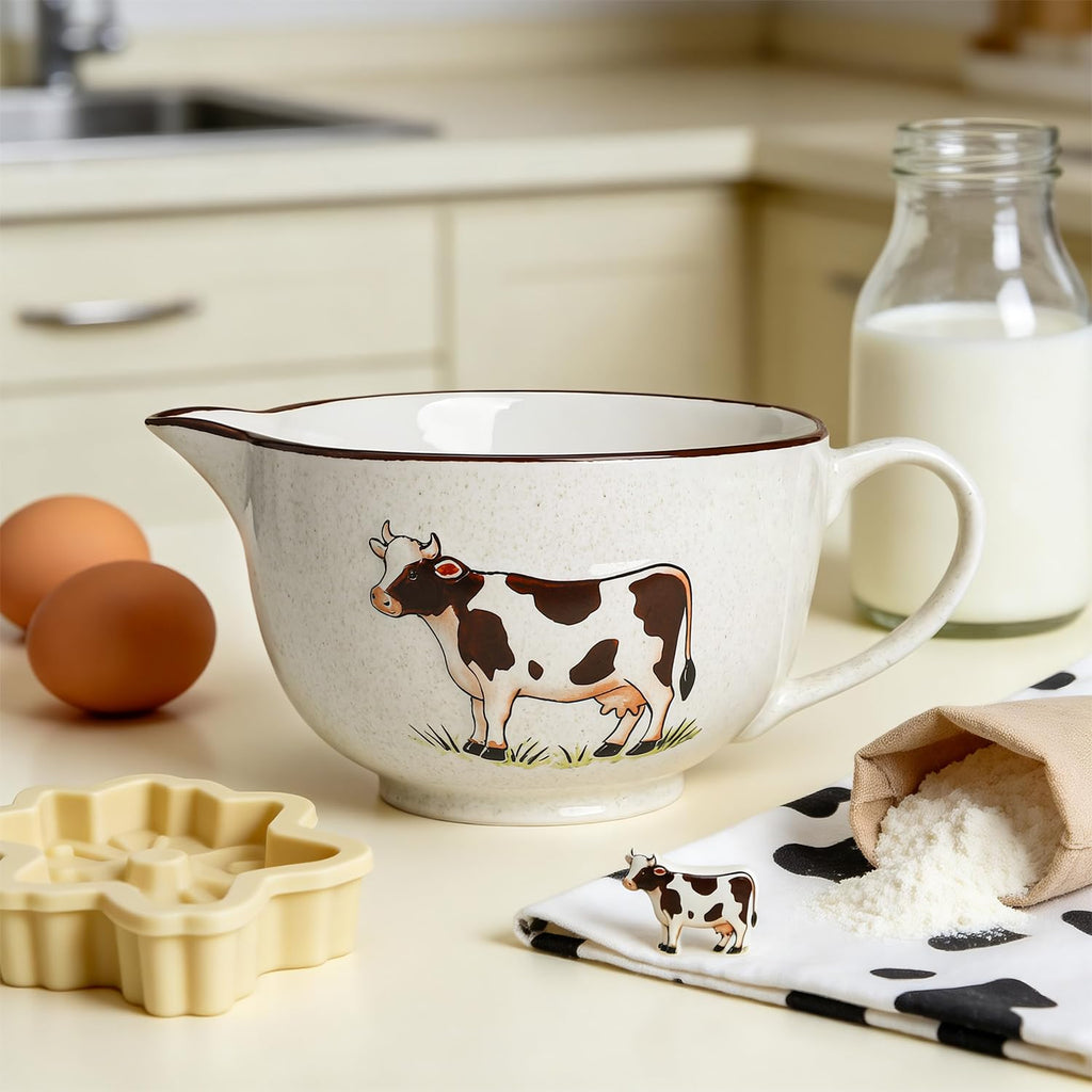 Cow Embossed Ceramic Mixing Bowl, 1 Quart Batter Bowl, with Pouring Spout and Handle