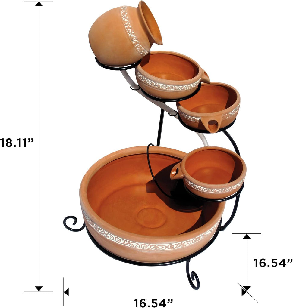 Koolscapes Solar-Powered 5-Tier Cascading Fountain, Terracotta Clay Pots, Self-Contained Water Feature