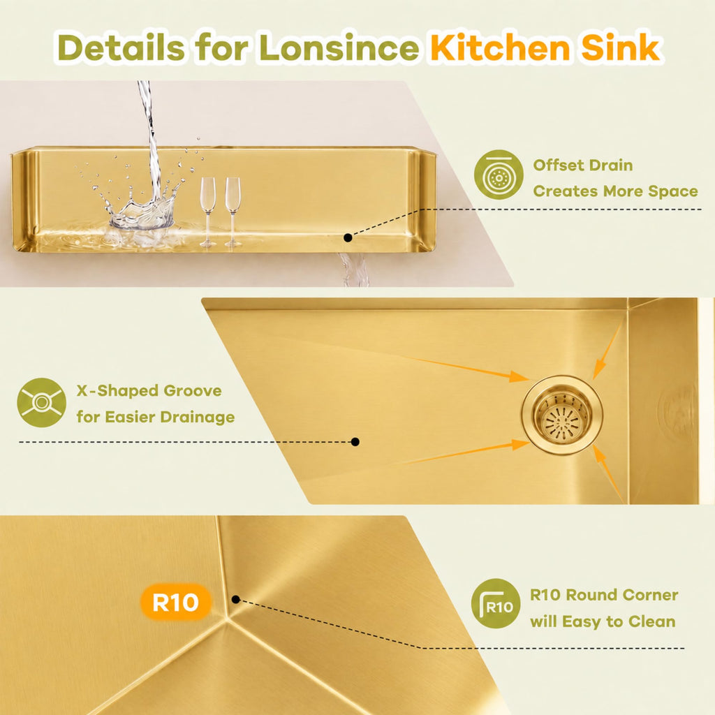 Gold Kitchen Sink Offset Drain, 23"X18" Undermount Single Bowl Sink
