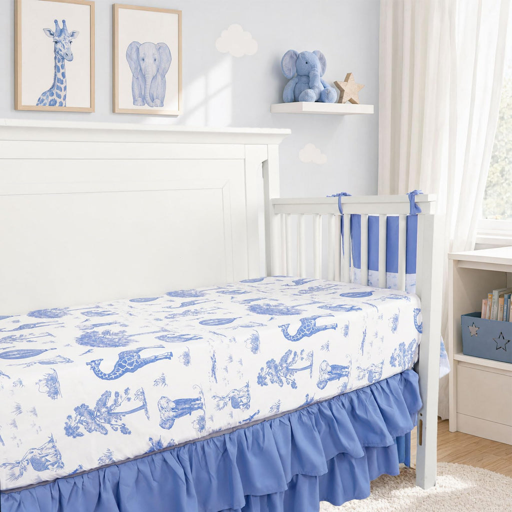 4-Piece Crib Bedding Set for Baby Boys, Blue Elephant Nursery Bedding Set Includes Comforter, Fitted Crib Sheet, Crib