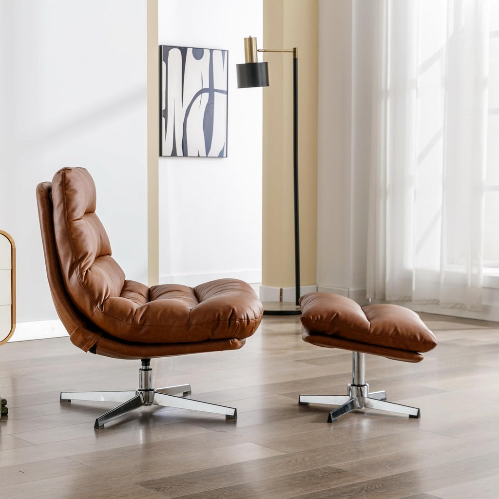 Modern Swivel Lounge Chair and Ottoman — Brown Faux Leather