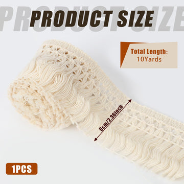 Fringe Tassel Trim 2.3-Inch Wide Boho Long Beige Lace Cotton Trimming for Clothes Curtains Dress Sewing - 10 Yards