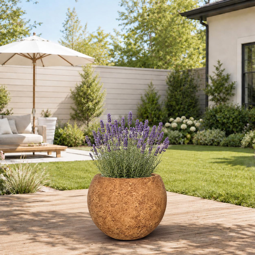 10" H x 14" Dia Round Brown Fiberstone Planter Pot with Drainage Hole, Lightweight UV-Resistant Stone-Look Decorative
