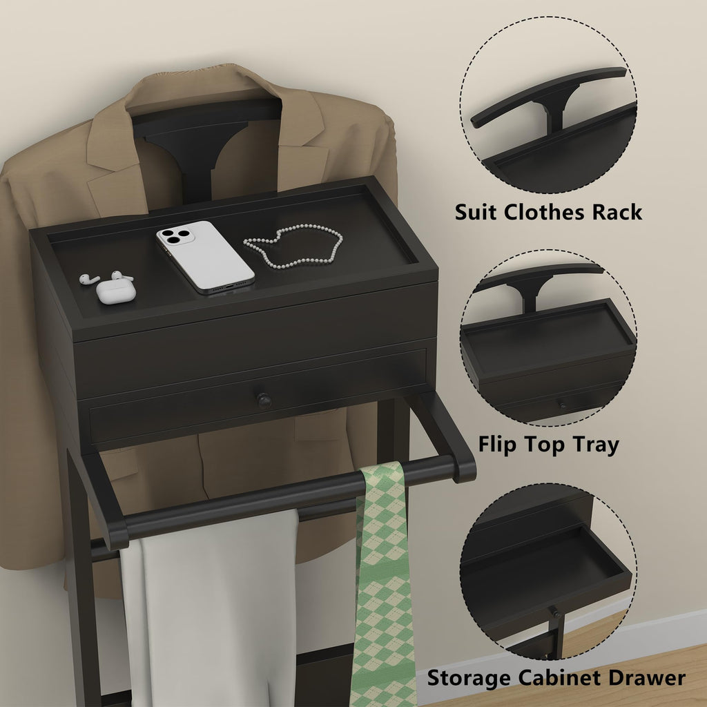 Mens Valet Stand with Drawer & Suit Hanger & Flip Tray, Wooden Clothes Rack