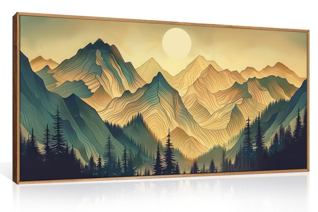 Boho Green Mountain Landscape Framed Canvas Wall Art Set, Abstract Sun Forest Scenery Wall Decor, Bohemian Ridge Lines