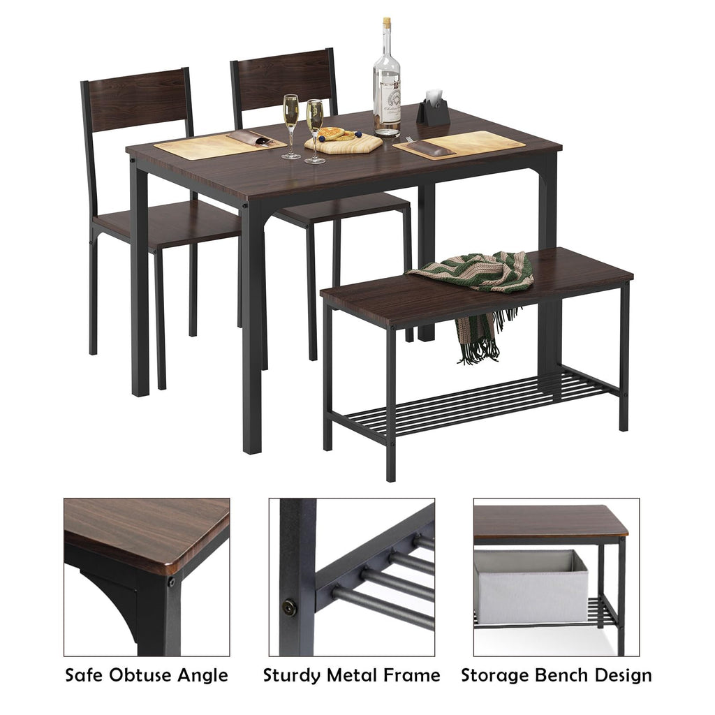 Dining Table Set for 4, with Two Chairs and One Bench/4 Piece Set, Wooden Table Top with Metal Legs for Breakfast