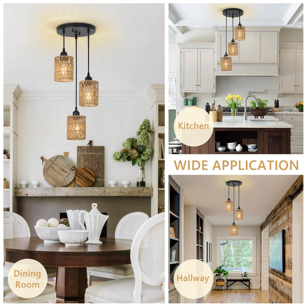 3 Lights Rattan Pendant Light, Farmhouse Dining Room Light Fixtures Ceiling Hanging, Boho Pendant Lighting with Hand