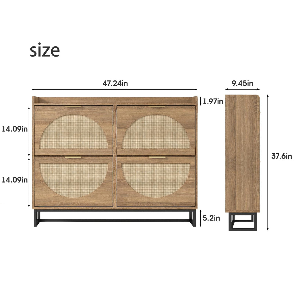 Large Rattan Shoe Storage Cabinet with 4 Flip Drawers, Freestanding Shoe Organizer with Metal Legs, Hidden Golden