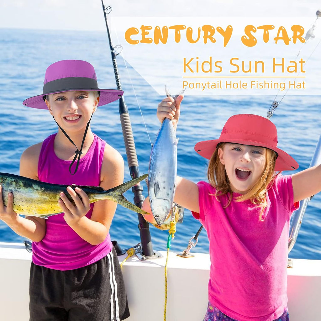 Kids Sun Hat Ponytail Girls UPF 50 Bucket Cap Summer Beach Fishing Kids Hat Wide Brim Adjustable Swim Hat