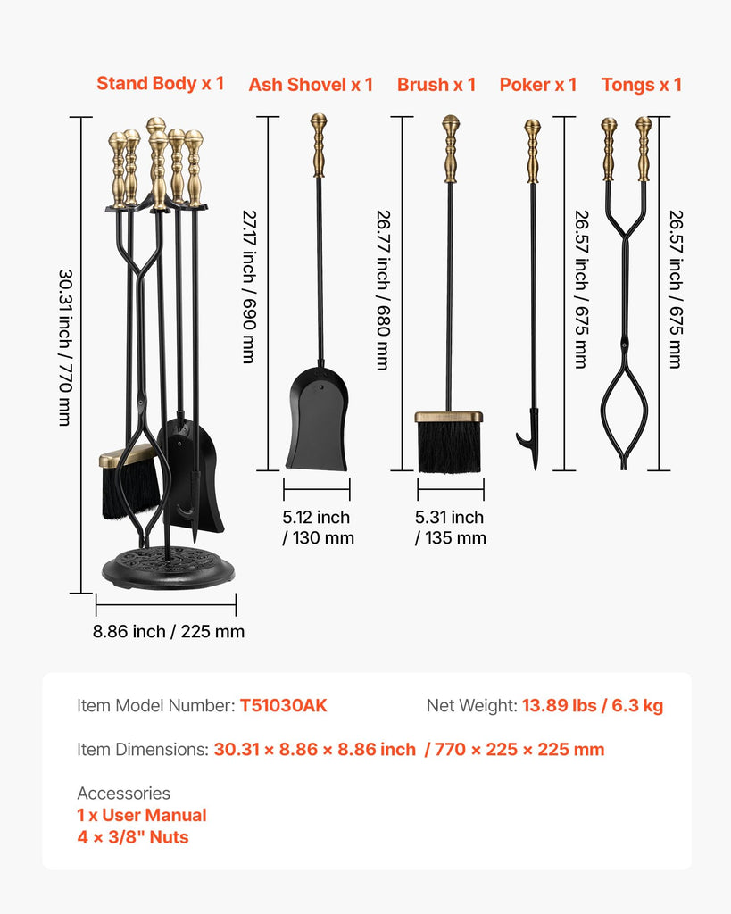 Fireplace Tool Set, 5 PCS Fire Tool Set and Holder with Five-Prong Stand, Tongs, Ash Shovel, Brush, Fire Place Poker