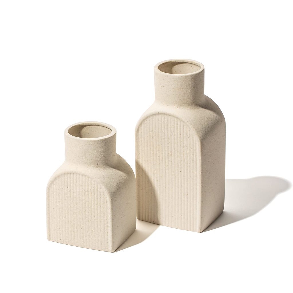 Ceramic Ribbed Vases - 2 Piece Set, Small and Large Vase, Bottle Flower Planter Set. Scandi Style Home Decor. Neutral