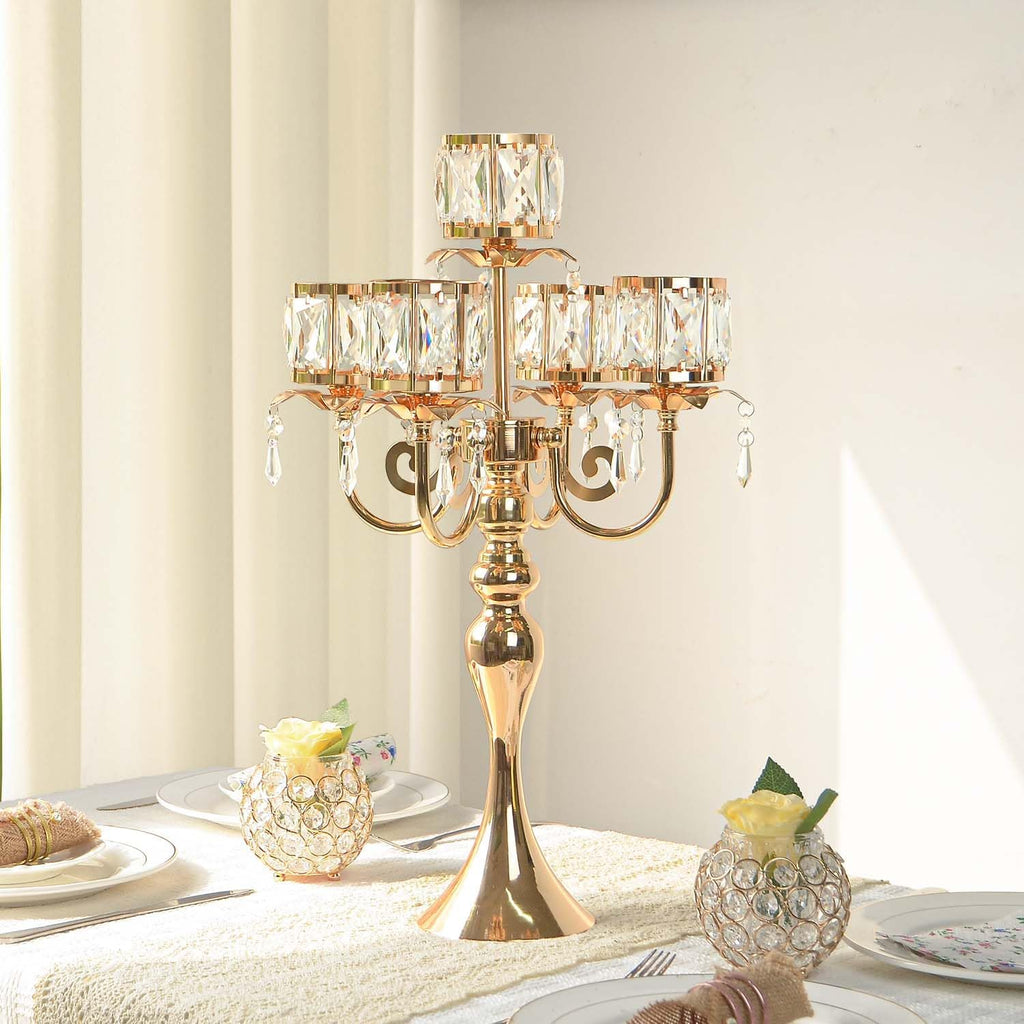 Gold Candelabra Candle Holders, Elegant Bling Centerpiece with Pendant Crystal Table Decorations 5 Arms Candlesticks