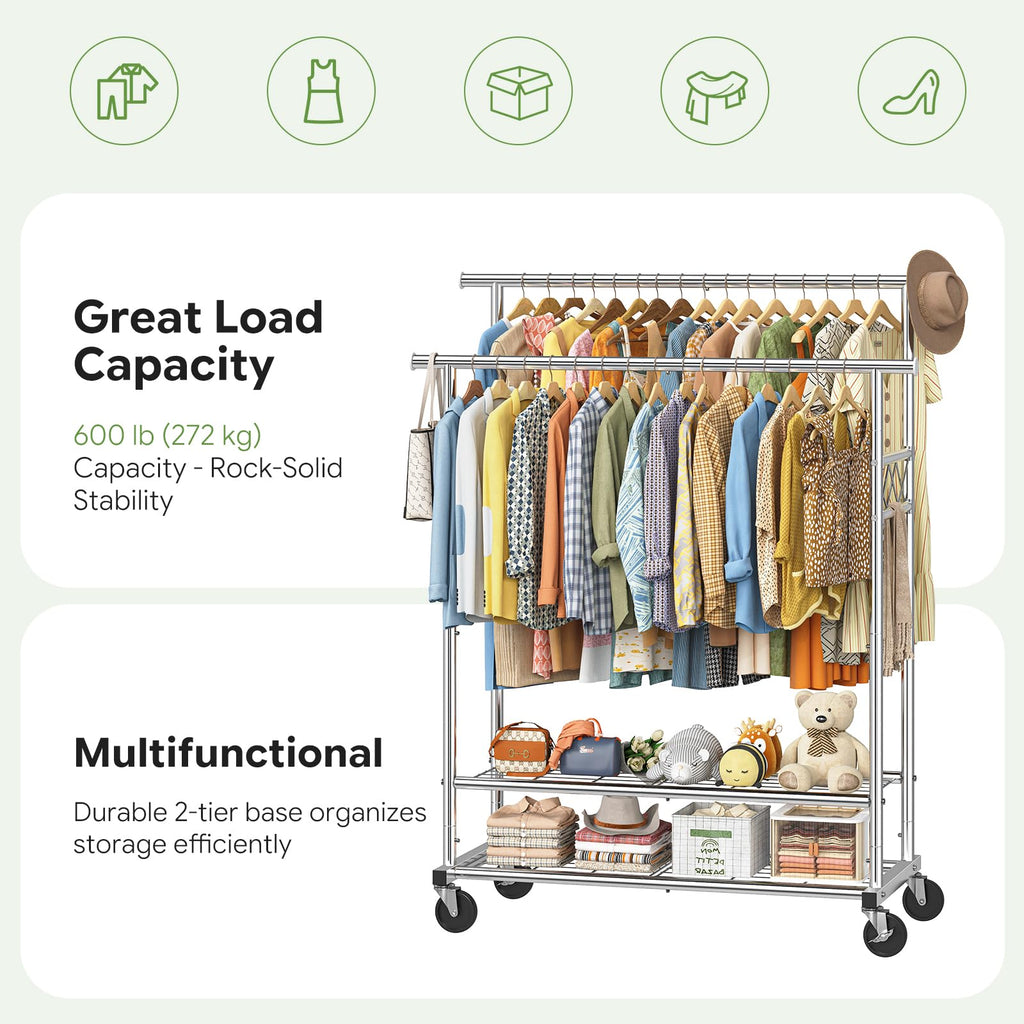 Heavy Duty Clothes Rack, Rolling Clothing Rack for Hanging Clothes Load 650 LBS with 2 Sturdy Shelves, Garment Rack