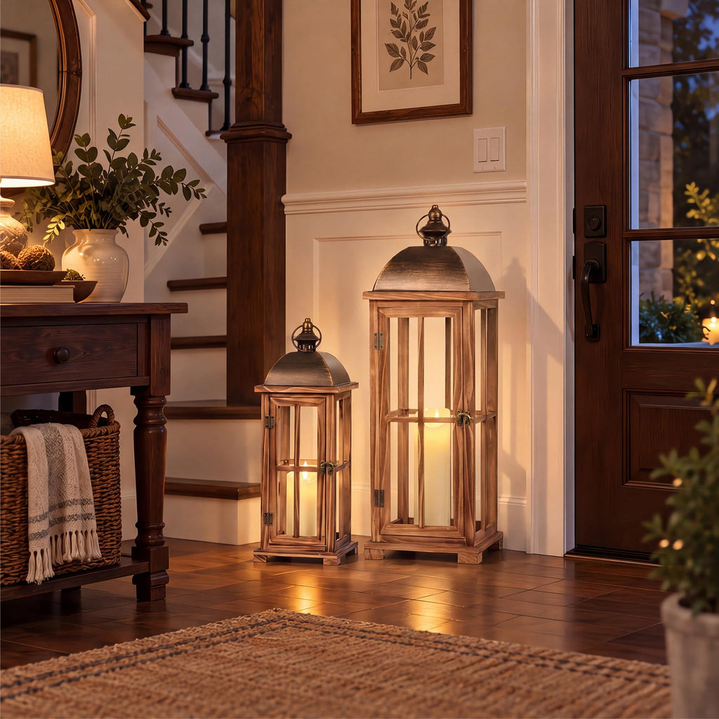 Large Decorative Lanterns, 2 Pack Farmhouse Wood Lanterns Indoor Outdoor