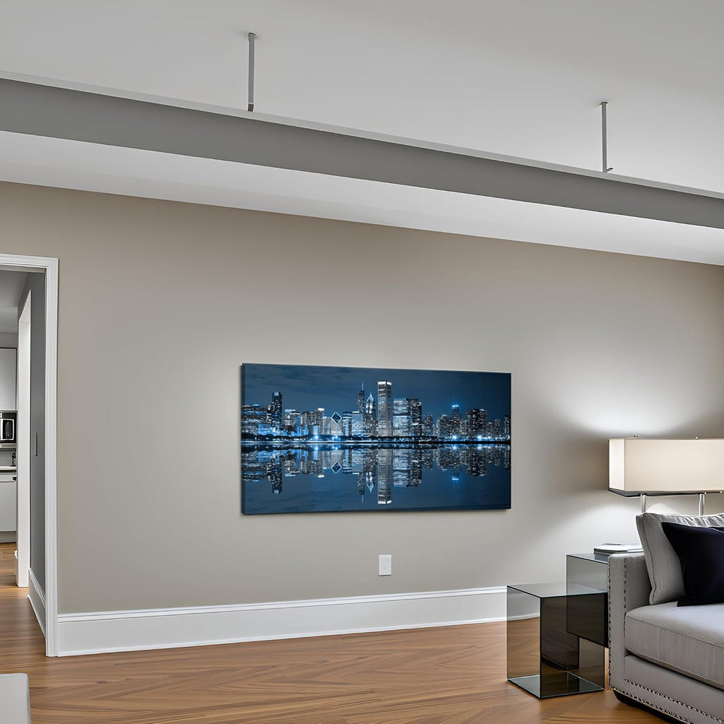 Modern City Wall Art Chicago Downtown at Night Picture Print on Canvas Building Artwork Living Room Wall Decoration