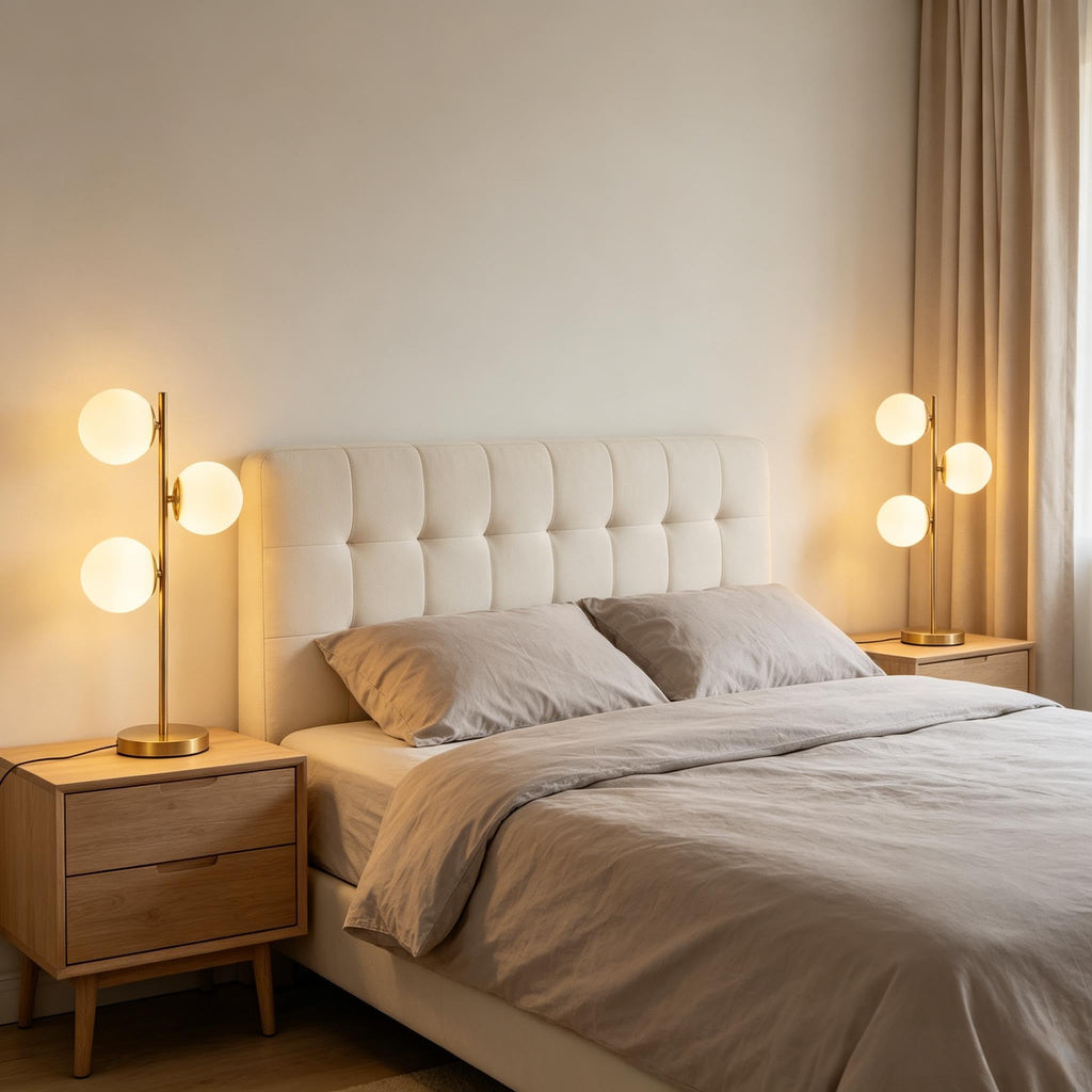 Mid Century Modern 3-Light Table Lamp, Gold Glass Globe Nightstand Light with 3 Color Temperatures, LED Bedside Lamp