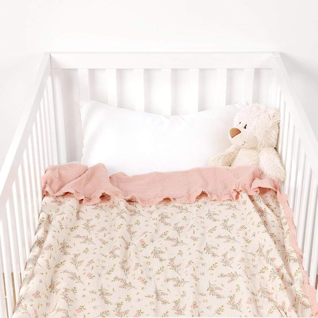 Organic Baby Blanket Flounce Edge Large 50"x43" Floral, 100% Muslin Cotton Super Soft Breathable Toddler Quilt Crib