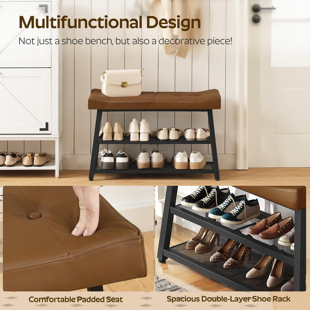 Shoe Bench, 3-Tier Shoe Rack, Entryway Bench with Storage and Cushion, Foyer, Bedroom, Brown and Black HX02BV