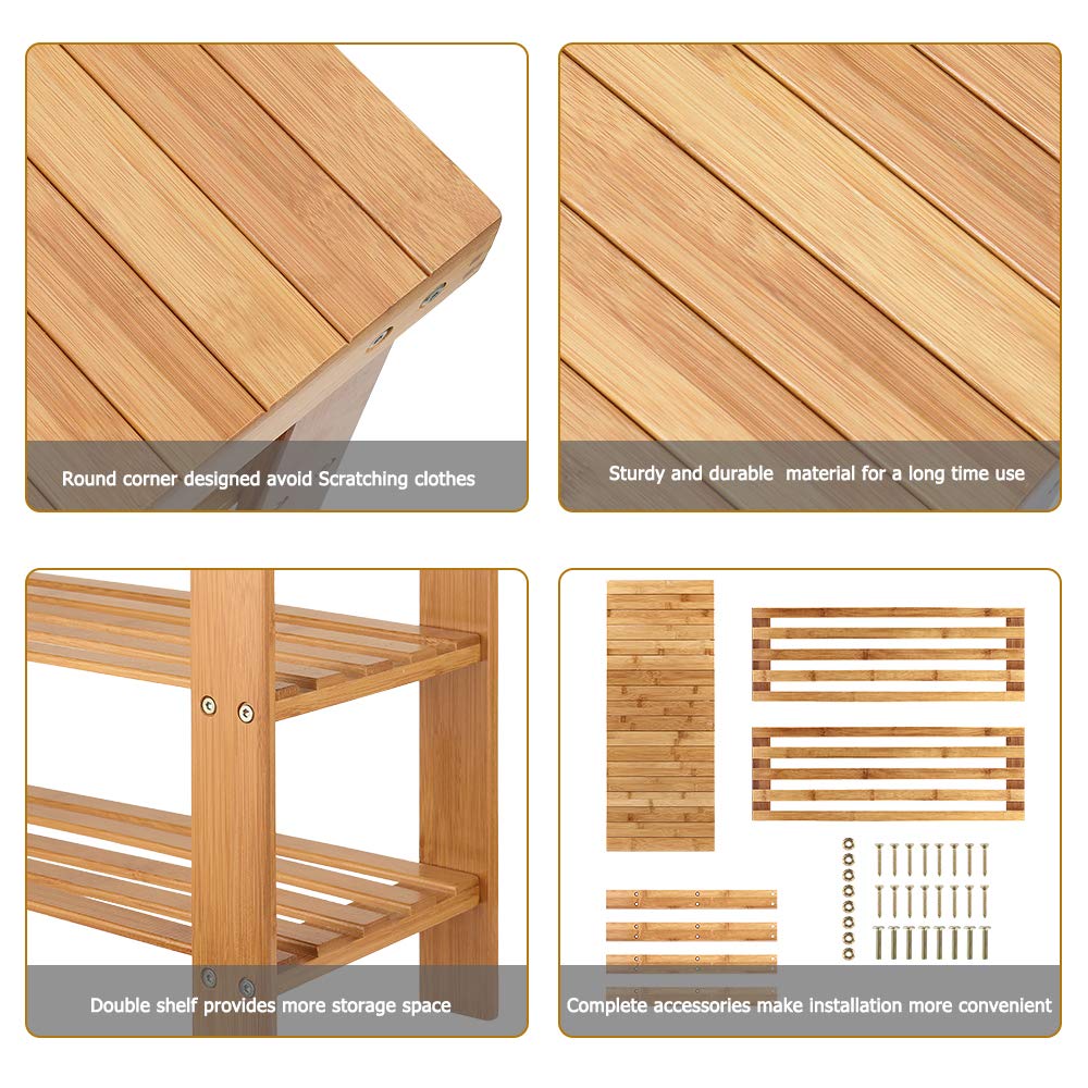 Pure Natural Bamboo Shoe Rack Bench, 3-Tier Shoe Organizer Shelf with Seat, Storage Stool, Shoe Storage Organizer