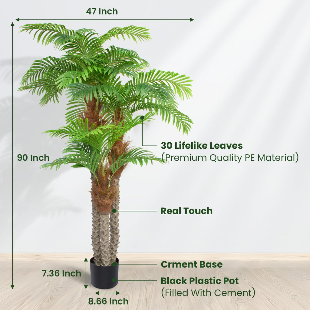 Artificial Palm Trees for Outdoors- 7.5ft Tall Triple Tropical Palm Artificial Tree, UV Resistant Fake Palm Plant