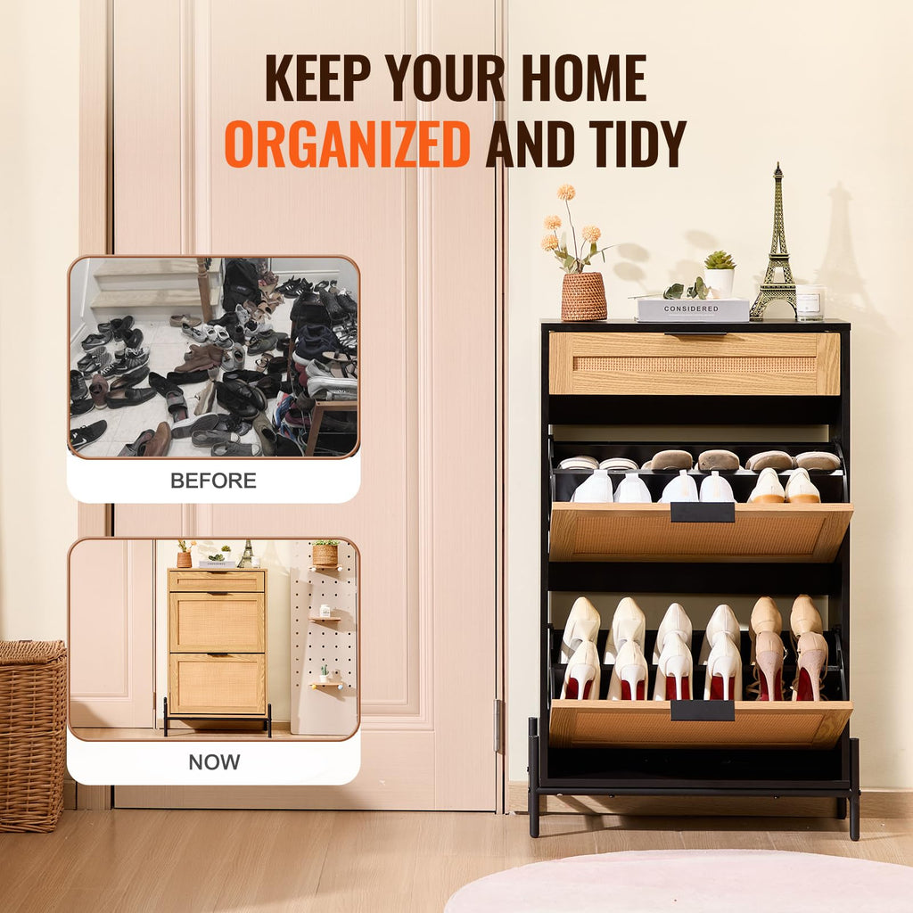 Rattan Shoe Cabinet, Narrow Shoe Storage Organizer with 2 Flip Rattan Drawers & 1 Slide Drawer, Metal Legs, Slim Shoe