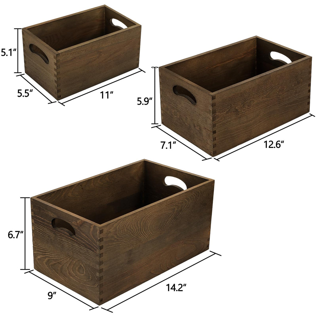 Set of 3 Nesting Wooden Crates, Wood Crate Box with Handle, Rustic Brown Decorative Wood Storage Crates Container