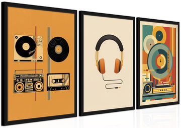 Framed Music Wall Art Set of 3, Vinyl Record Pictures Wall Decor, Mid Century Modern Paintings Canvas Prints Retro