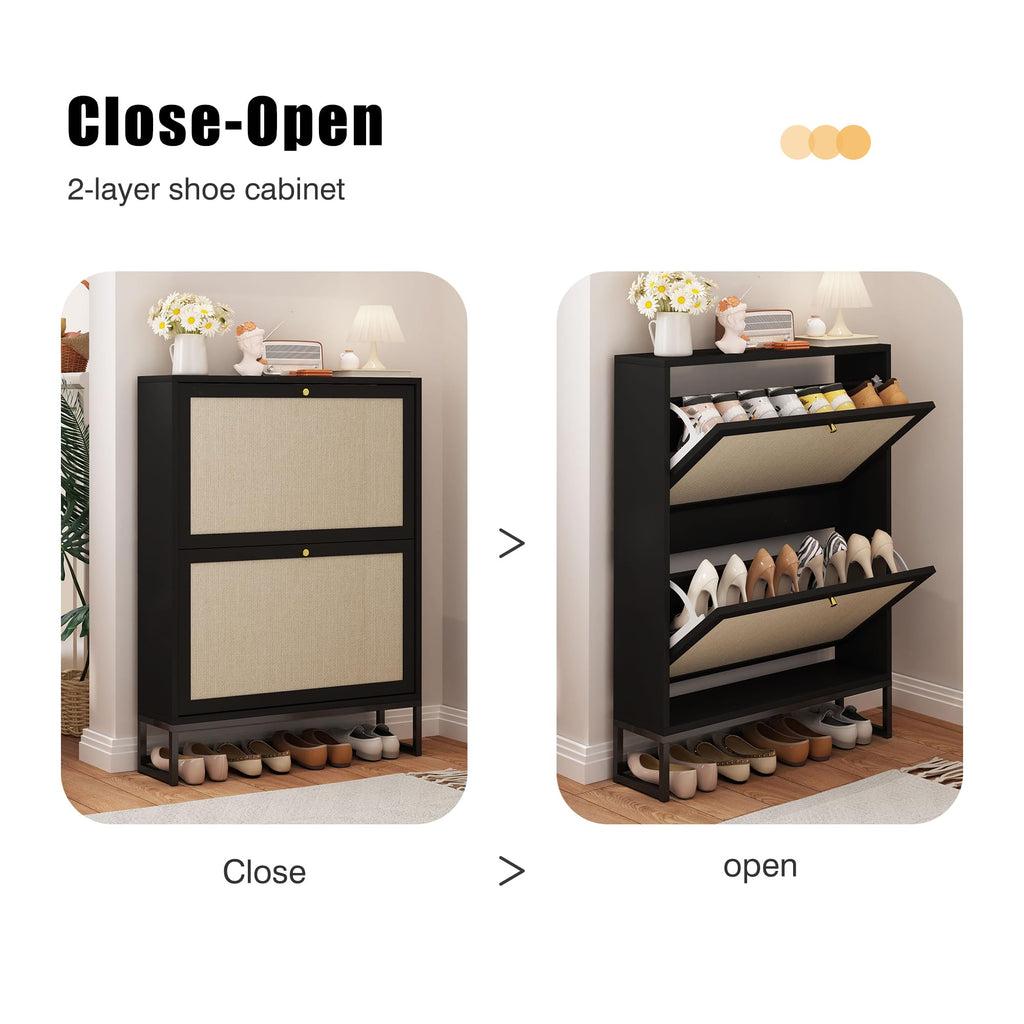 Black Narrow Shoe Cabinet, Hidden Slim Shoe Storage Cabinet, 25.6"x34.7" Flip Drawer Shoe Oraganizer Rack with Metal