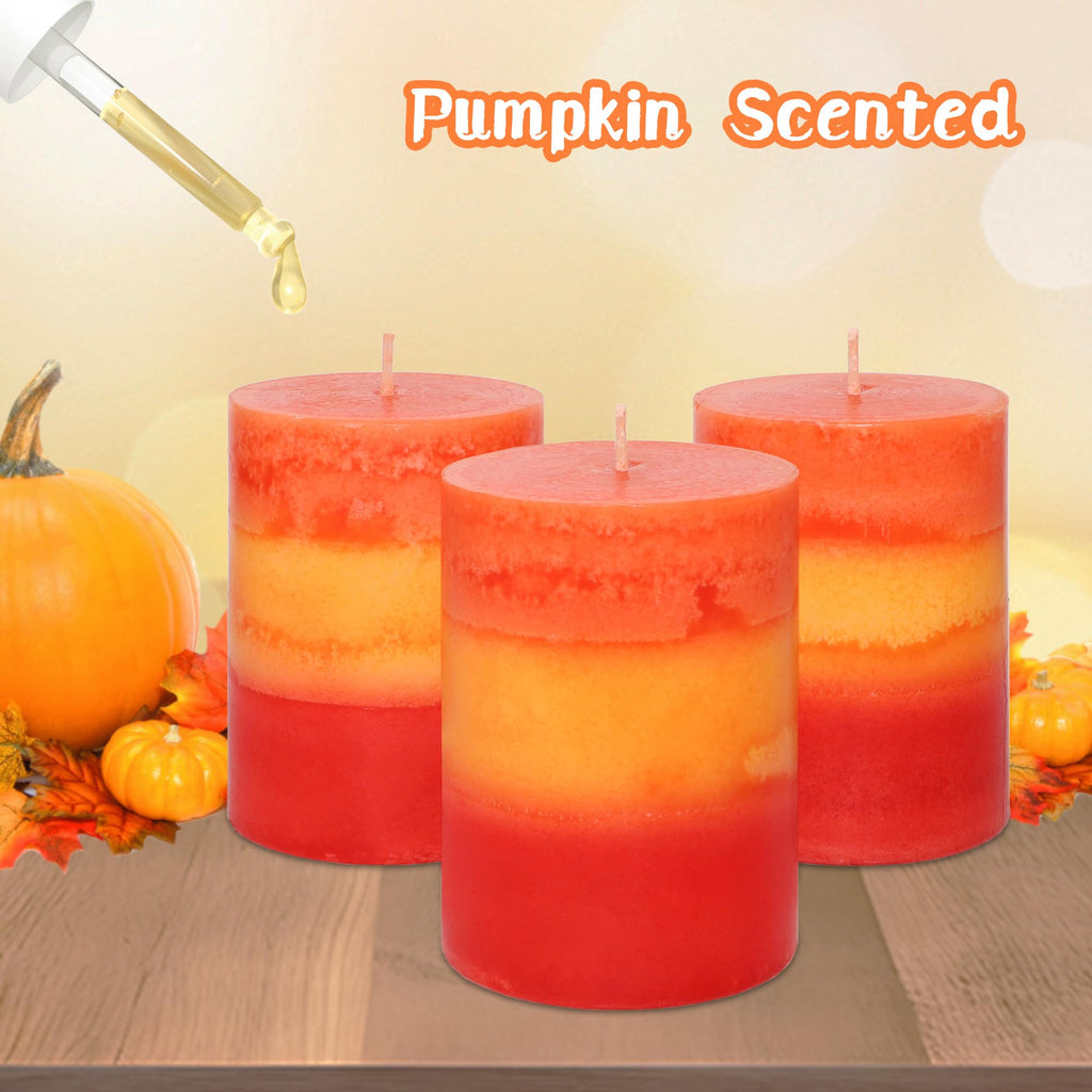 3x4 Inch Pillar Candles 3 Pack Rustic Orange Handmade Layered Clean Burning Pumpkin Spice Scented Candles Fall