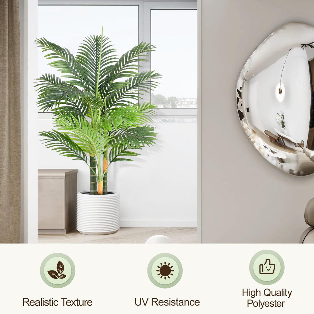 4ft Tall Triple Golden Cane Palm Artificial Tree Large Tropical Palm Tree UV Resistant Fake Plant in Pot for Indoor