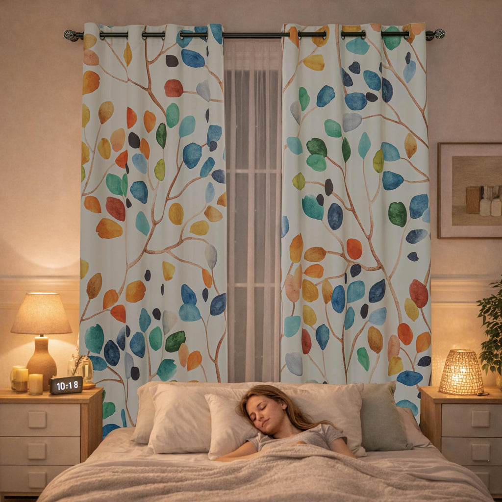 Boho Watercolor Leaf Floral Blackout Curtains, Colorful Bohemian Print Window Drapes, Grommet 2 Panels Set Living