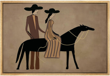 Framed Canvas Print Wall Art Woman Riding Black Horse Primitive Illustrations Realism Decorative Panoramic - 24"x36"