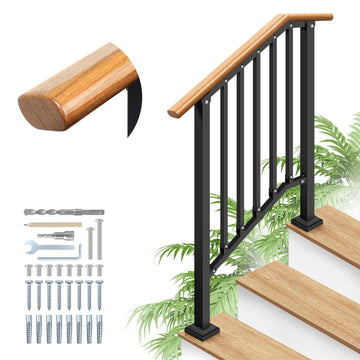 Hand Rails for Outdoor Steps 3-Step Railing Metal Wood-Grain