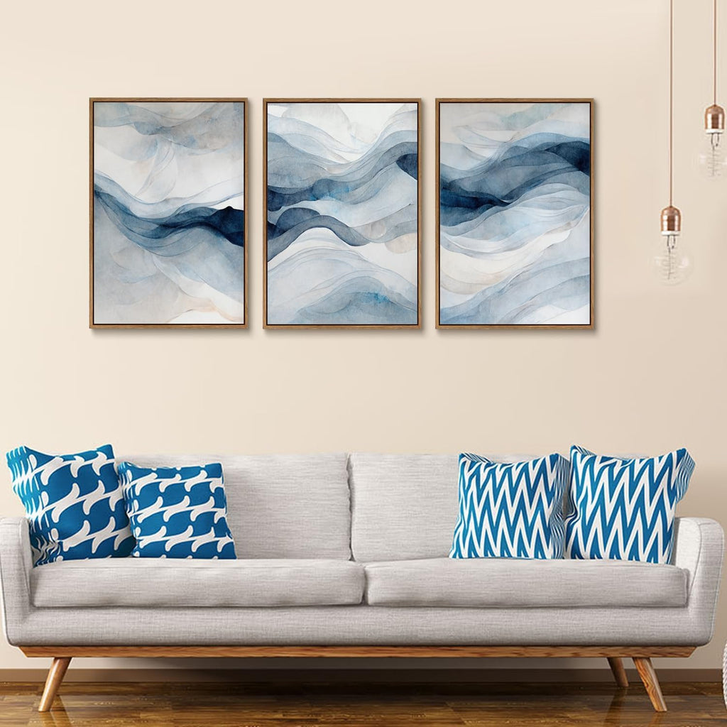 3 Piece Large Abstract Framed Wall Art , Smoke Texture Ink Navy Blue Canvas Wall Art Modern Minimalist Art Prints