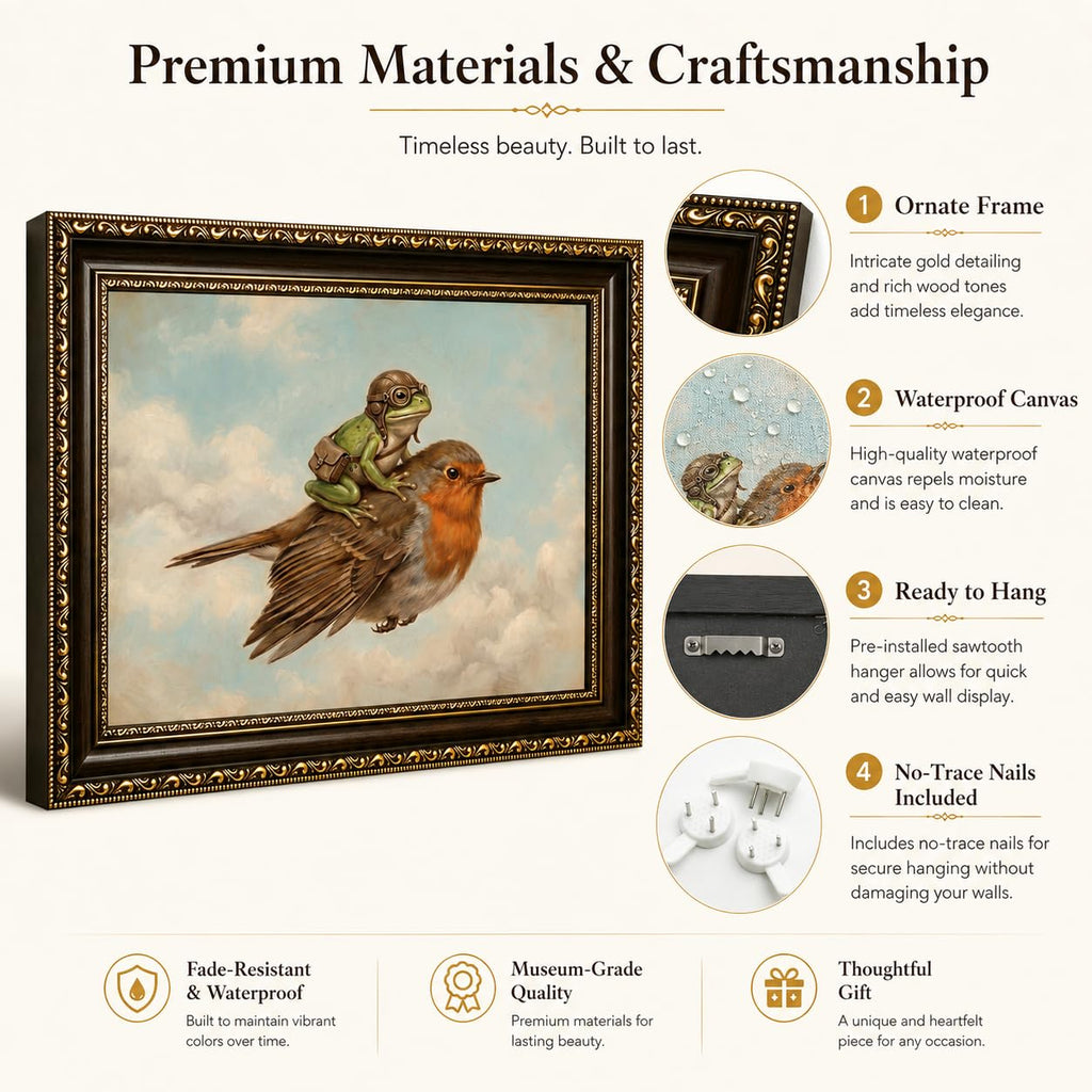Whimsical Frog Riding Bird Framed Wall Art, Quirky Frog Print, 16x24in