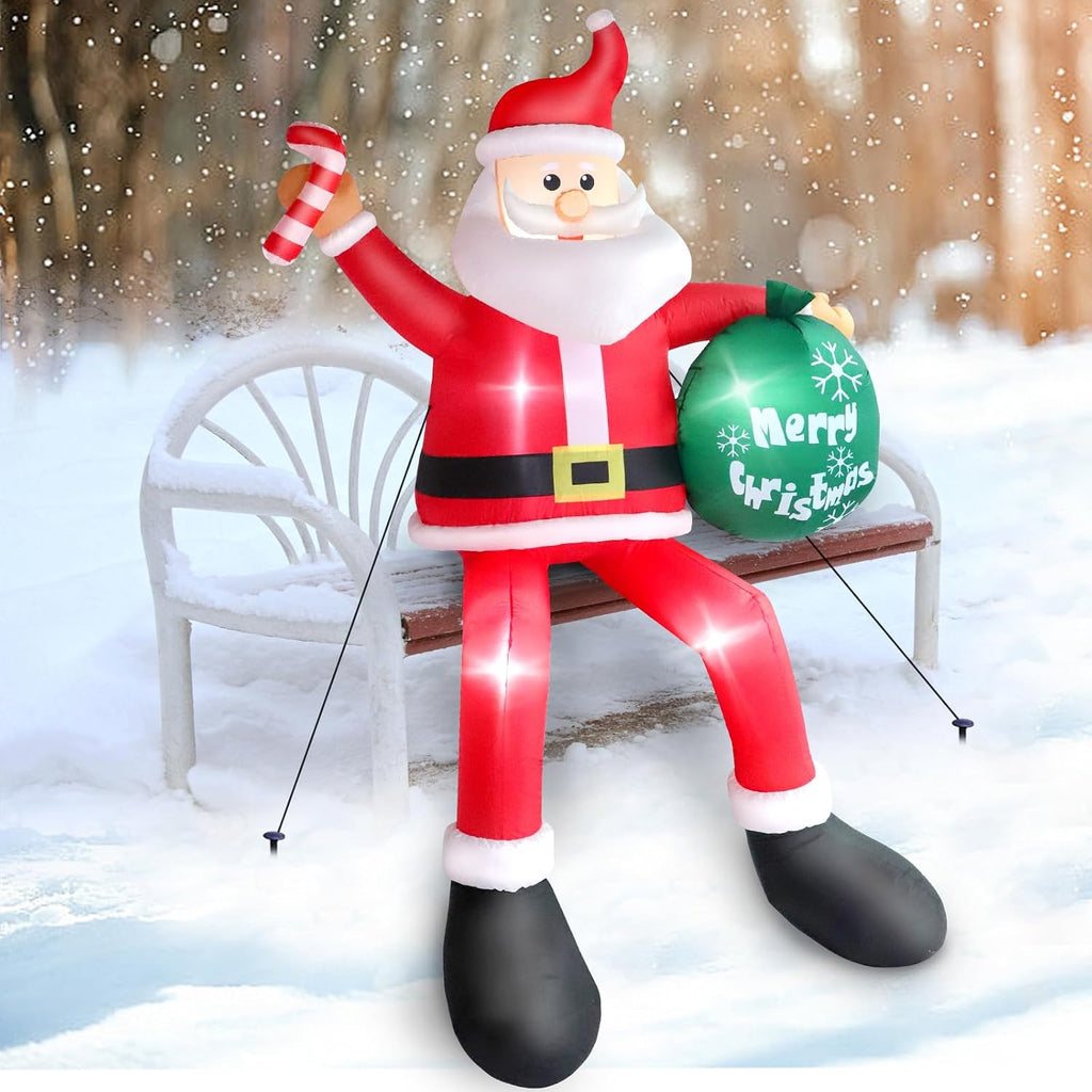 8 FT Christmas Inflatable Santa Claus Outdoor Decorations, Blow up Sitting Santa Claus with Gift Bag, Climbing Santa
