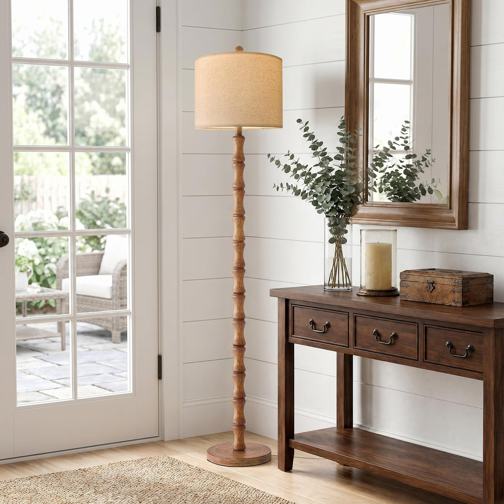 62" Farmhouse Floor Lamp, Rustic Standing Lamp with Linen Shade and Rotary Switch, Resin Corner Floor Lamp Decor
