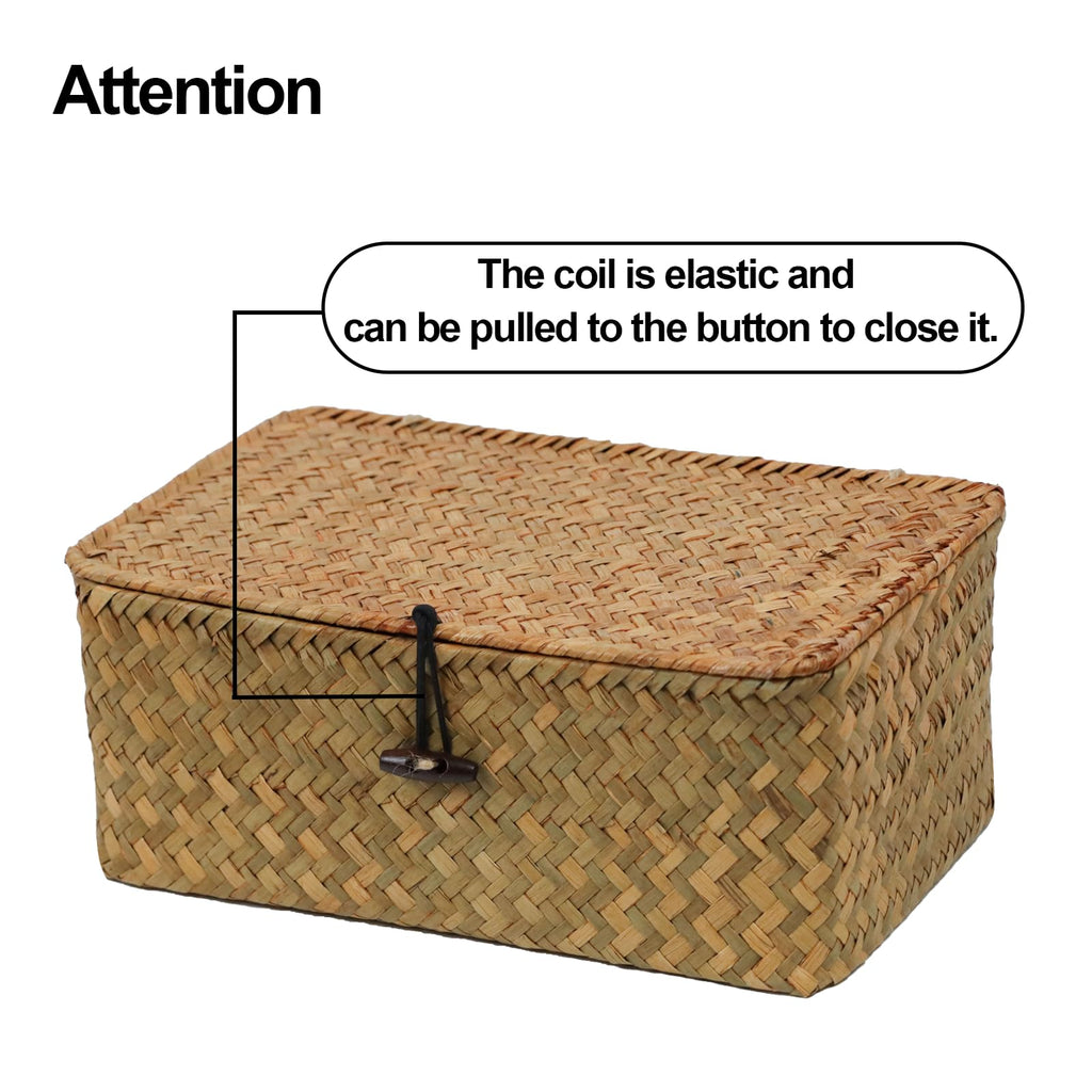 Set of 2 Wicker Basket with Lid, Seagrass Woven Basket for Storage