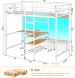 Twin Loft Bed with L-Shaped Desk, Storage Shelves and Charging Station Twin Metal Loft Bed with LED Lights and Coat