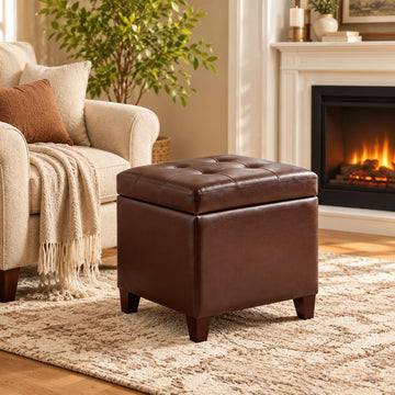 Storage Ottoman, 17" Square Faux Leather Tufted Footrest Stool with Hidden Storage, Hinged Lid and Solid Wood Legs