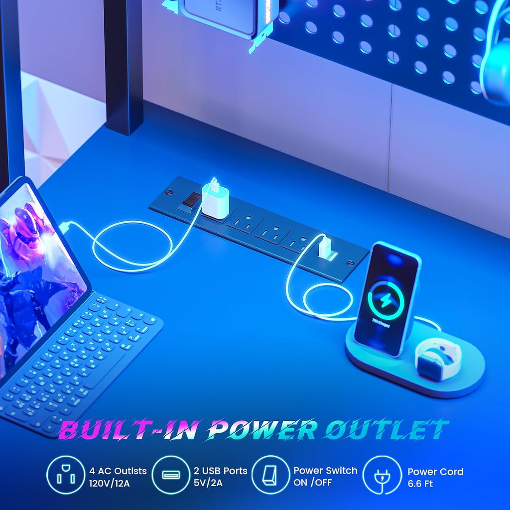 67" L Shaped Gaming Desk with Pegboard LED Lights and Power Outlet | Reversible Computer Desk with Keyboard Tray