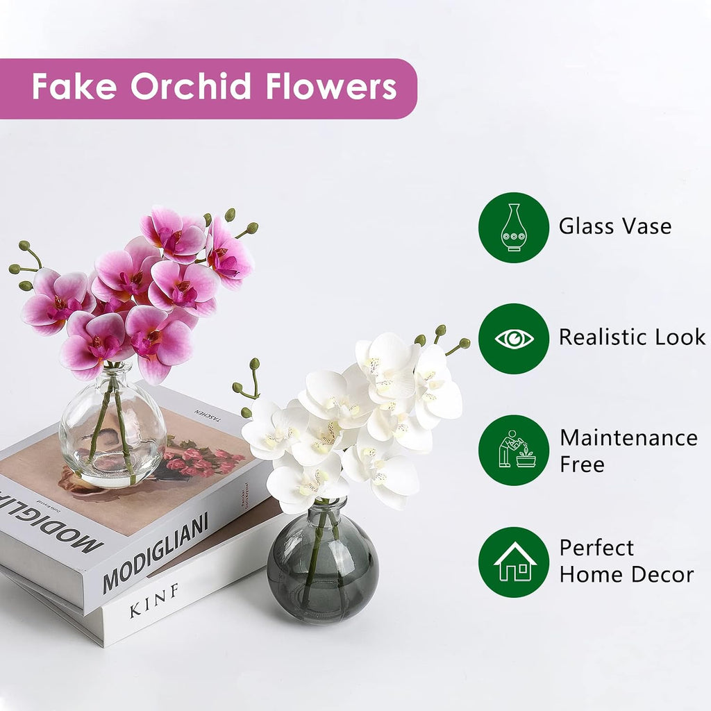 White Orchids Artificial Flowers Faux Orchid Arrangement with Black Glass Vase Set of 2 Real Touch Phalaenopsis