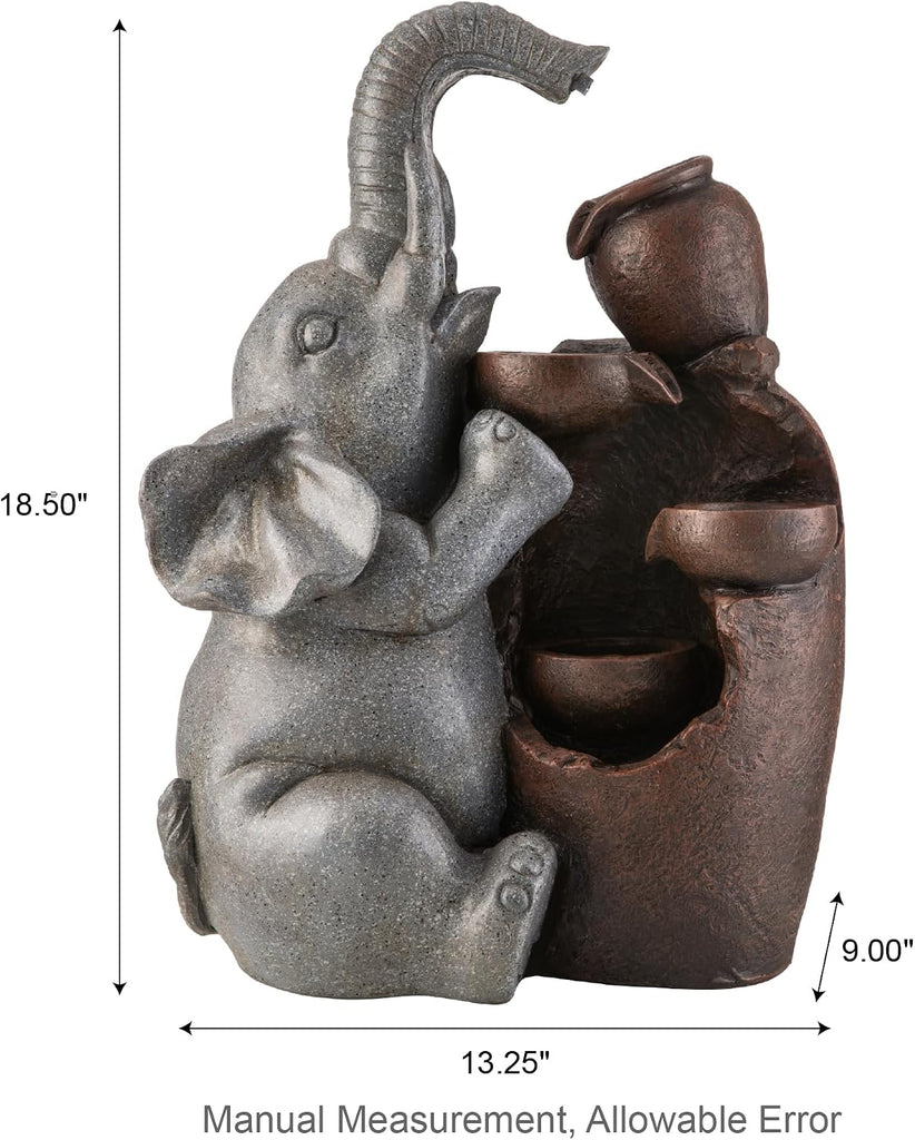 Outdoor Water Fountain, 4-Tiered Elephant and Pot Outdoor Fountain with Lights, 18.5" H Polyresin Decorative