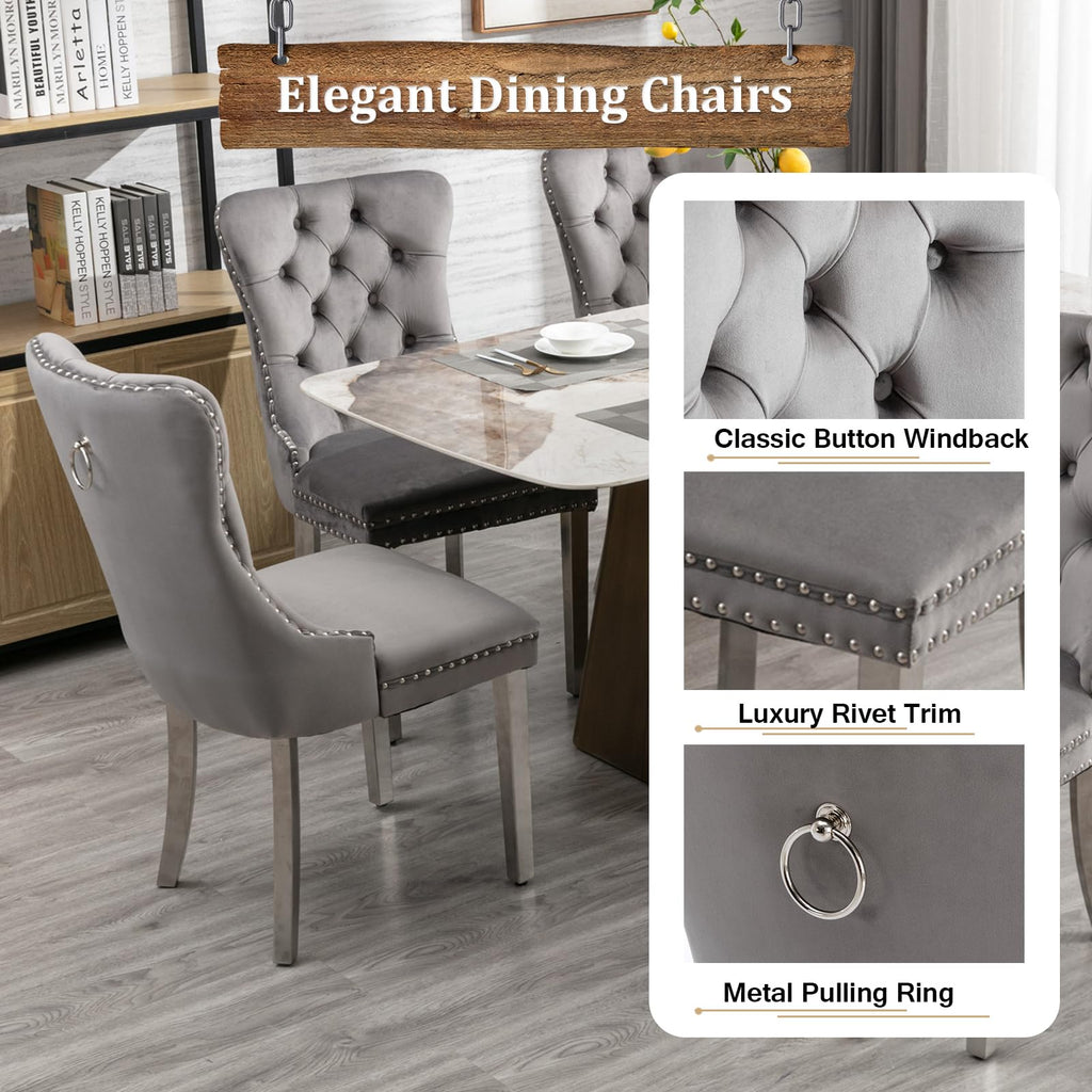 7-Piece Dining Table Set with 6 Grey Upholstered Chairs, 68" White Silver Faux Marble Kitchen Table Set for 6