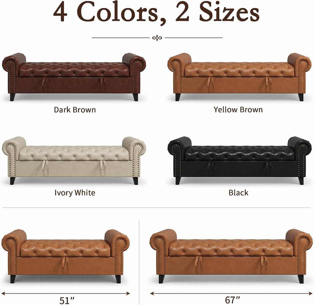 67 Inch Faux Leather Storage Bench with Rolled Arms, Chesterfield Tufted Ottoman Bench with Nailhead Trim