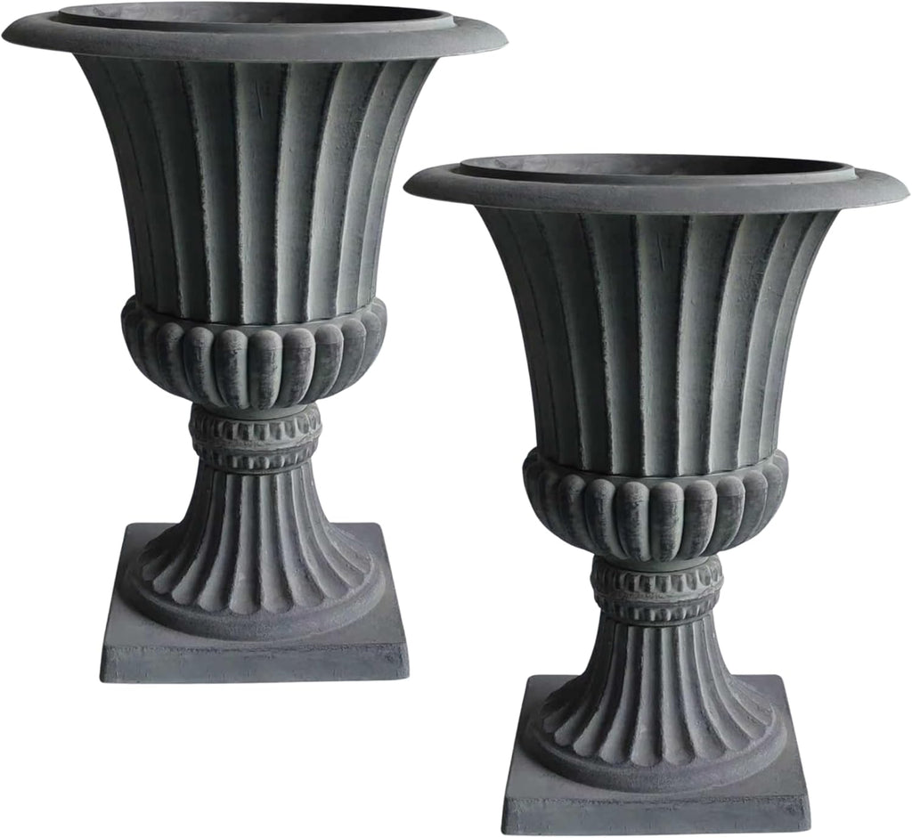 Urn Planters 22", Set of 2, Tall Stone-Resin Pedestal Planters for Outdoor Plants, Large Front Porch Decor, Patio