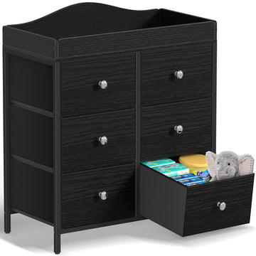 Black Changing Table Dresser with 6 Fabric Drawers, Baby Dresser with Changing Table Top Diaper Changing Station with