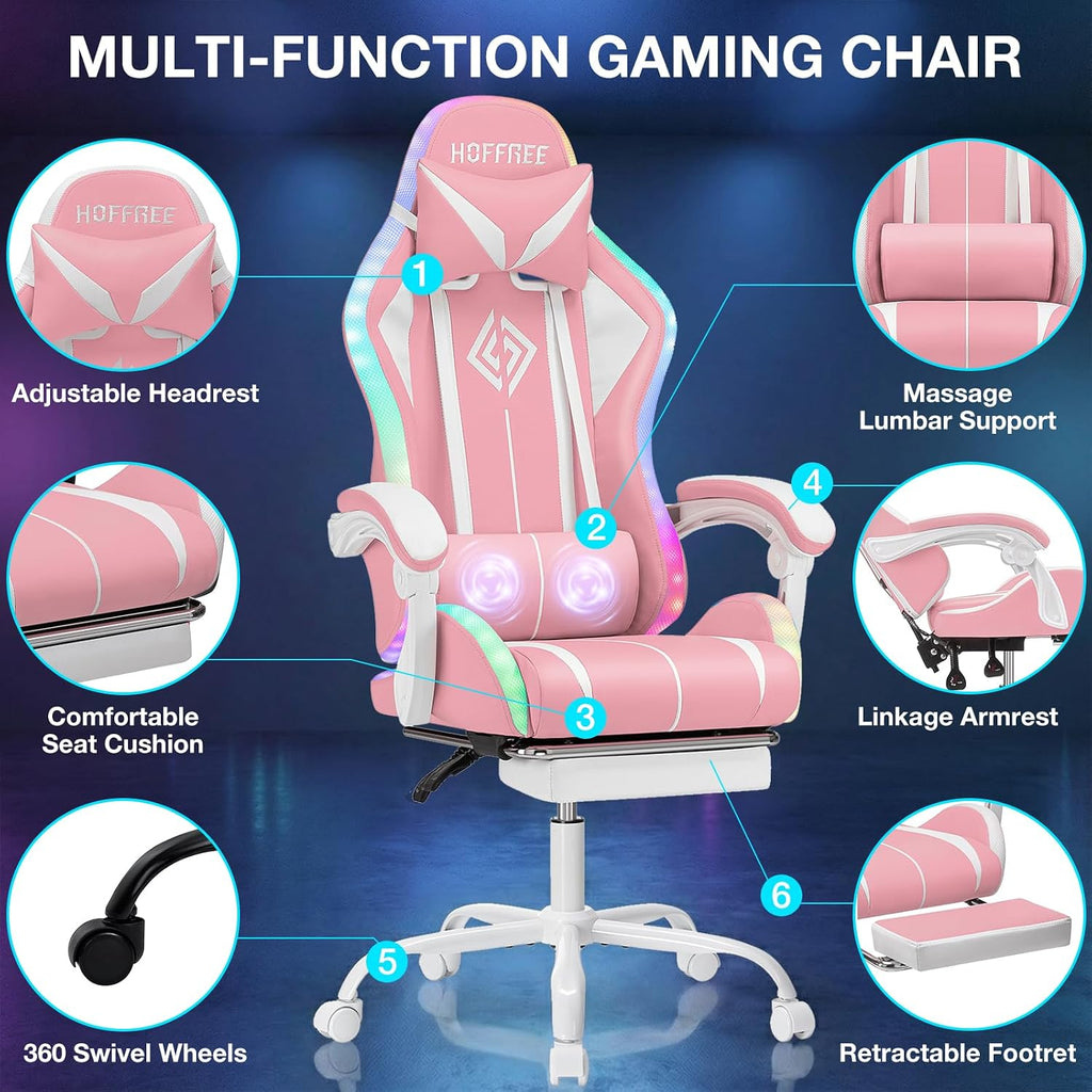 Pink Gaming Chair with RGB LED Lights Massage Computer Chairs for Girls | High Back Video Game Chair with Footrest &